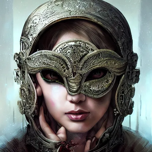 Image similar to Very very very very highly detailed epic photo of face with venetian mask, intricate, dystopian, sci-fi, extremely detailed, digital painting, artstation, concept art, smooth, sharp focus, illustration, intimidating lighting, incredible art by Artgerm and Anton Pieck