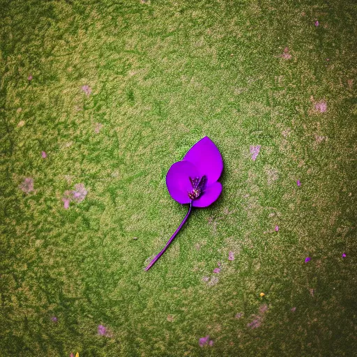 Image similar to closeup photo of 1 lone purple petal flying above a city park, aerial view, shallow depth of field, cinematic, 8 0 mm, f 1. 8