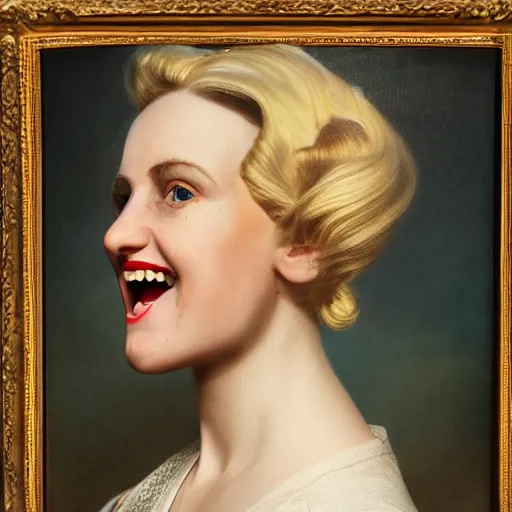 Image similar to laughing, beautiful, intelligent, blonde female pirate captain 2 8 years old, 1 9 4 0 s haircut, fully clothed, wise, beautiful, masterful 1 7 5 0 s oil painting hanging at the louvre, dramatic lighting, sharp focus