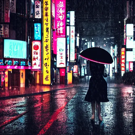 Image similar to a woman holding an umbrella, walking down the streets of tokyo, with neon signs, while it's raining. cinematic lighting, digital art. award winning