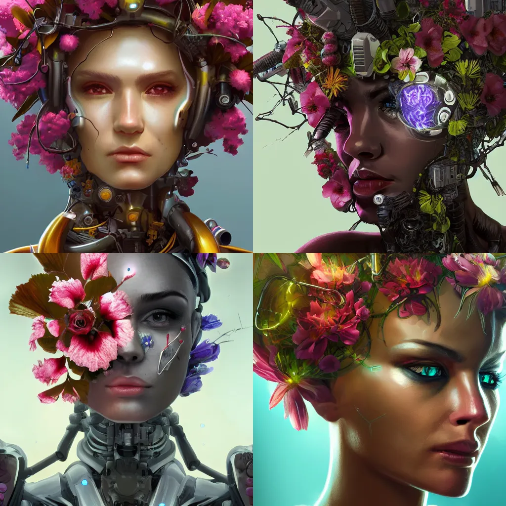 Prompt: close up portrait of a cyborg with flowers growing out of its head, artstation