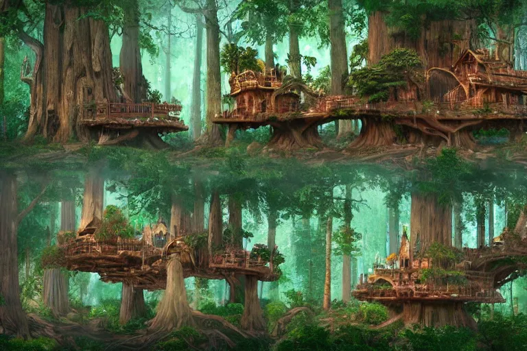 Prompt: various treehouses mounted on giant redwood tree trunks, interconnected by rope bridges, fantasy setting, dense vegetation, very detailed, d & d concept art, 4 k