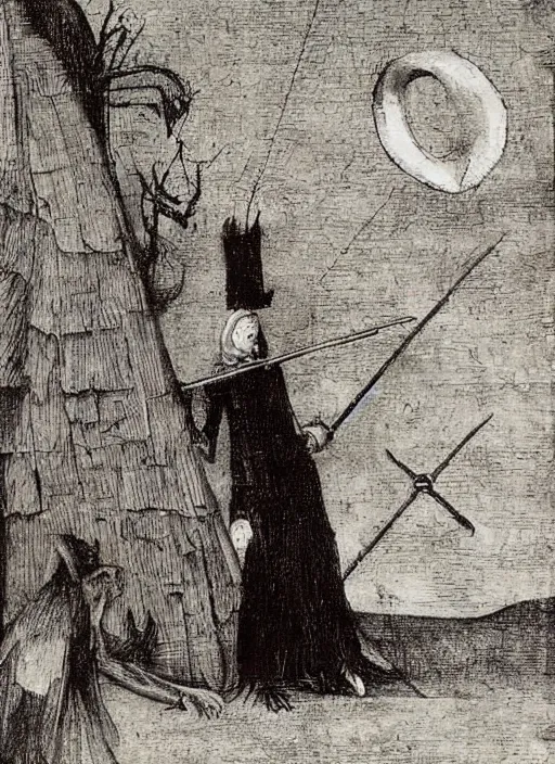 Prompt: death dressed in black and with a scythe painted by hieronymus bosch,