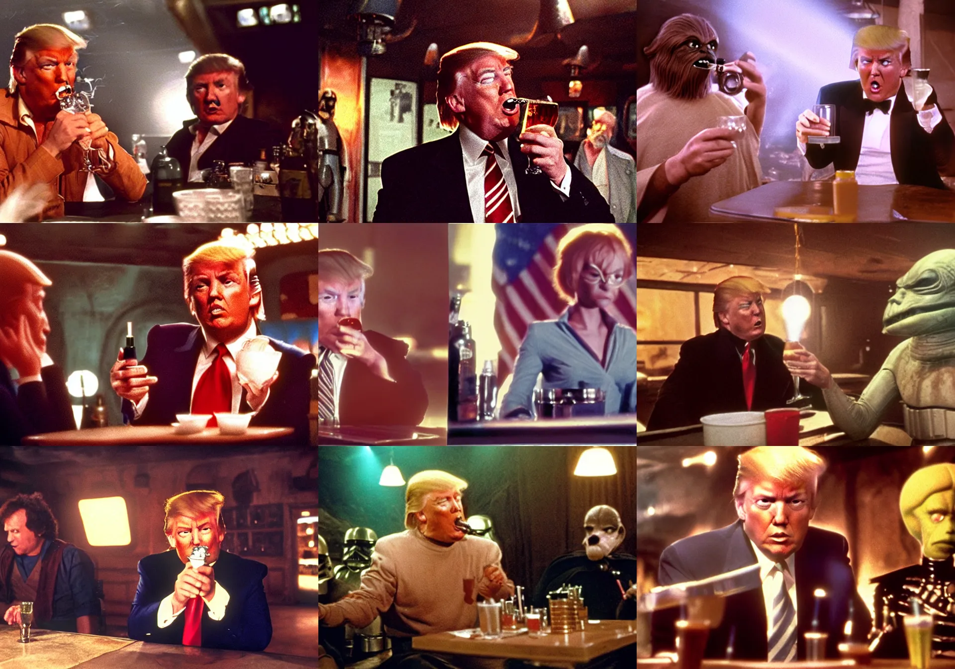 Prompt: A long-shot, color cinema film still of a Donald Trump drinking alcohol in the Mos Eisley's Tavern, Two aliens around, misty, studio lighting; from Star Wars(1977)