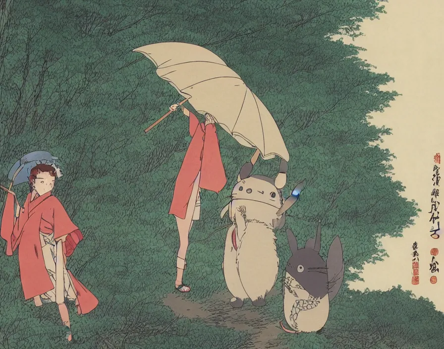 Image similar to A female Retzling with short blond air, standing with big Totoro at a japanese bus stop, holding an umbrella, in the dark forest, rainy night, Studio Ghibli, Hayao Miyazaki, Ukiyo-e, style Katsushika Hokusai,