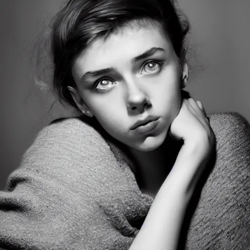 Prompt: dramtically lit, high quality studio photo of a girl who looks like 16-year old Audrey Hepburn and Scarlett Johansson, with parted lips and stunning, anxious eyes, wearing a shawl, by Steve McCurry