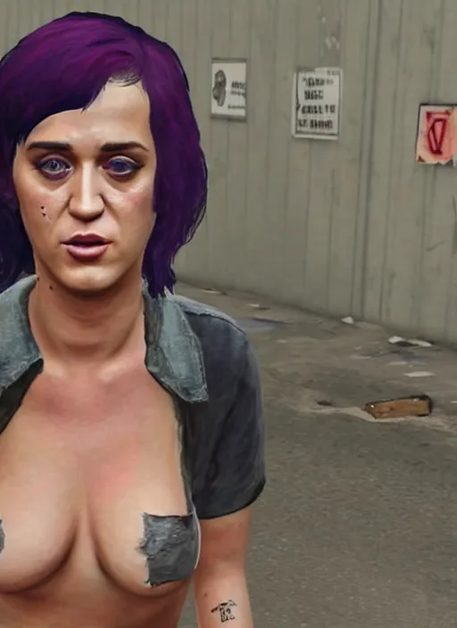 Prompt: Homeless portrait of bruised Katy Perry in scrappy clothing, in GTA V, Stephen Bliss
