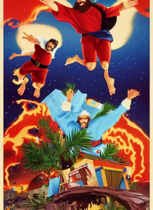 Prompt: Santa and Jesus' Totally Radical Adventure, action shot of them jumping away from an explosion towards us, cinematic shot, movie poster (1989)