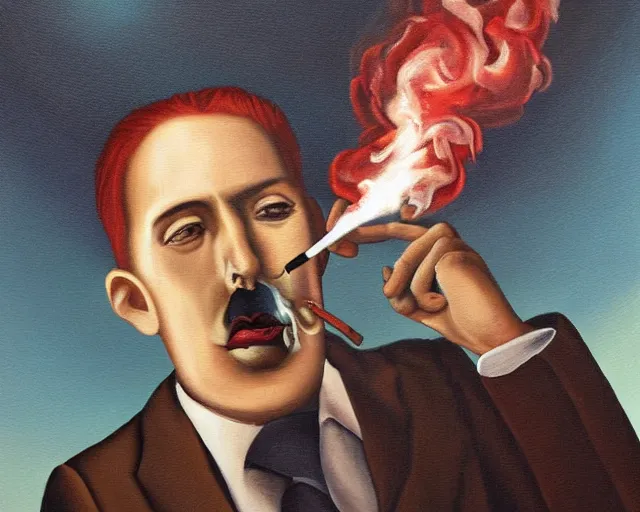 Image similar to a surreal painting of man smoking a joint