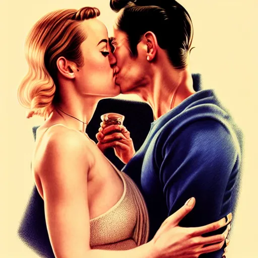 Image similar to brie larson and amber heard kissing, full body portrait, natural lights, photorealism, dramatic, cinematic, art by artgerm, rossdraws, norman rockwell, magali villeneuve, gil elvgren, alberto vargas, earl moran, enoch bolles