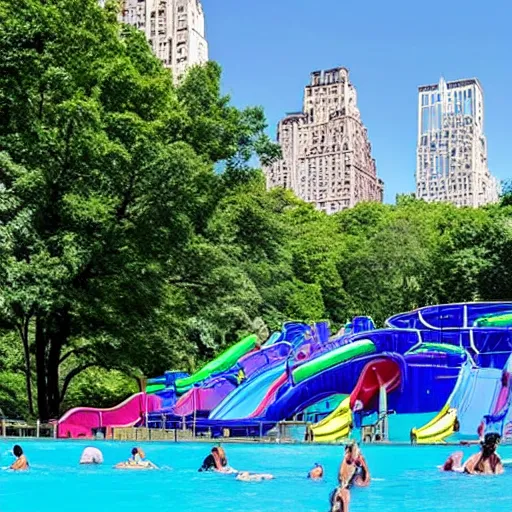 Prompt: photo of a large water park with numerous slides and water rides inside of central park. the new york city skyline is shown in the background.