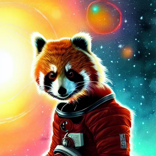 Prompt: red panda in a spacesuit in space having an epiphany nebula in the background, trending on artstation, highly detailed