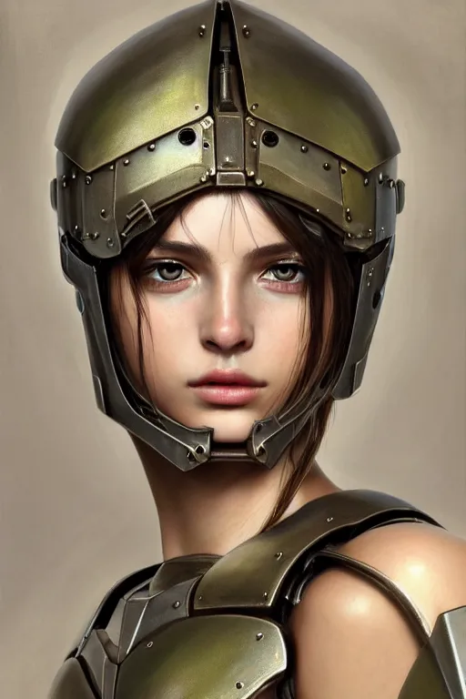 Prompt: a photorealistic painted portrait of an attractive young girl, partially clothed in dull metal-plated battle armor, olive skin, long dark hair, flawless skin, beautiful bone structure, symmetric facial features, perfect photorealistic eyes, natural physique, intricate, elegant, digital painting, concept art, finely detailed, beautifully illustrated, sharp focus, minimal artifacts, from Metal Gear, by Ruan Jia and Mandy Jurgens and Artgerm, in the style of Greg Rutkowski, trending on Artstation, award winning art