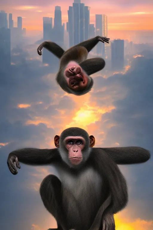 Prompt: terrified monkey wearing formal suit falling over skyscraper, skyline showing, 8k hyper realistic, sunset, volumetric rays, fine art, artstation, matte painting, masterpiece by vasnetsov