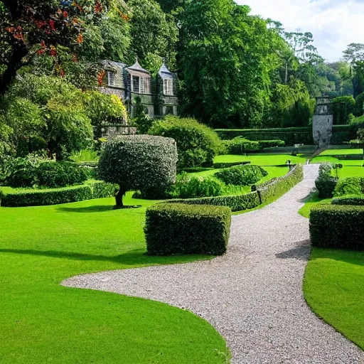 Prompt: the grounds are lush and green, with flowers and trees dotting the lawns. a path leads from the castle gates, through the grounds and into the jungle beyond