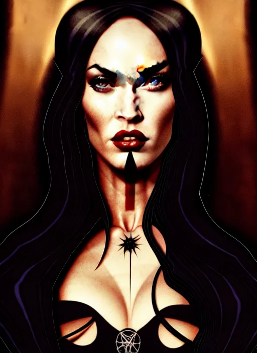 Image similar to megan fox witch queen, black eyes, blood, full body, intricate victorian dress, middle shot, cinematic lighting, studio quality, symmetrical eyes, caravaggio, artgerm, joshua middleton, rafael albuquerque, moody lighting, candles, art style by klimt and krenz cushart