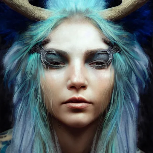 Image similar to A young female shaman, blue hair and antlers on her head. blindfolded, heilung, in the style of Heather Theurer, headshot photoshoot, insanely detailed and intricate, beautiful, elegant, cinematic toplight, portrait, headroom, artstation, made by karol bak