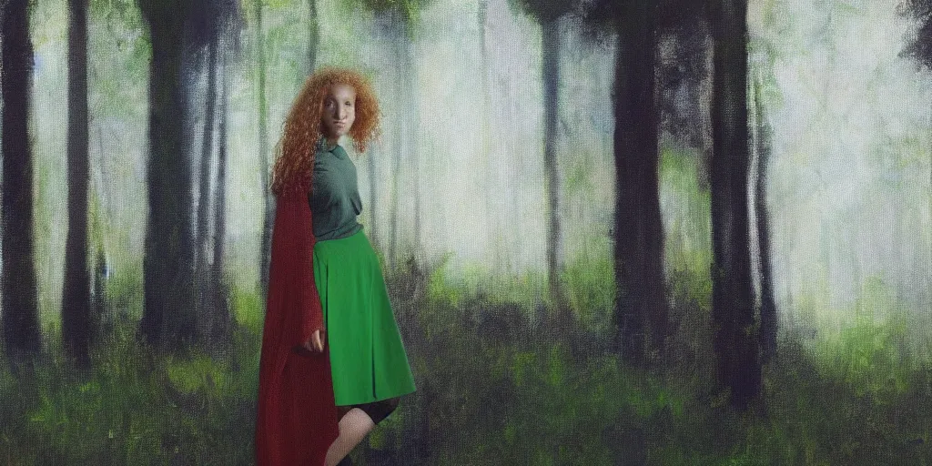 Image similar to a strawberry blonde frizzy haired teenage girl in a floor length black skirt and a short sleeved green blouse stands in a dark forest dimly lit by blue light, oil painting, pixellated