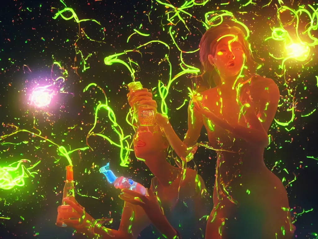 Image similar to a hyperrealistic portrait render of a beauty queen opening a bottle of glowing worms and drinking fluorescent liquid in the cosmos, unreal engine 8k