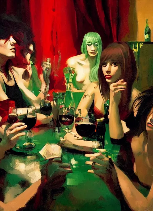 Image similar to glam rockers drinking brutal and raw wine, inside a green room with red lights, renaissance painting, loish, makoto shinkai, phil hale, extremely detailed