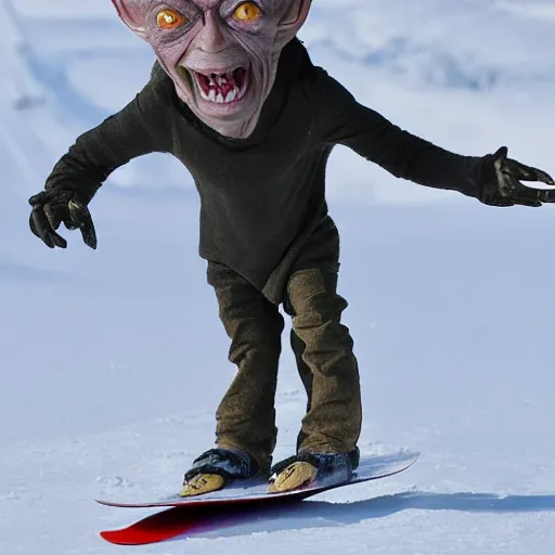 Image similar to Gollum on snowboard with cigarette in mouth