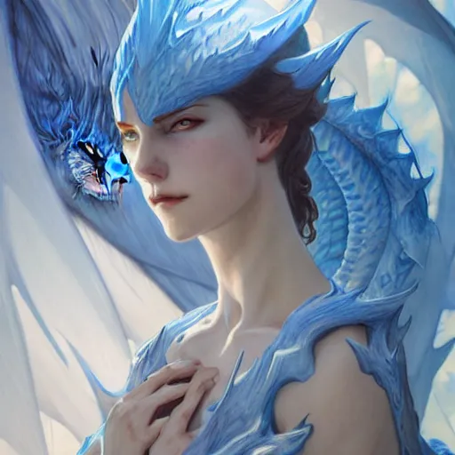 Prompt: Blue-Eyes White Dragon, illustration, Artstation, smooth, sharp focus, illustration, art by artgerm and greg rutkowski and alphonse mucha