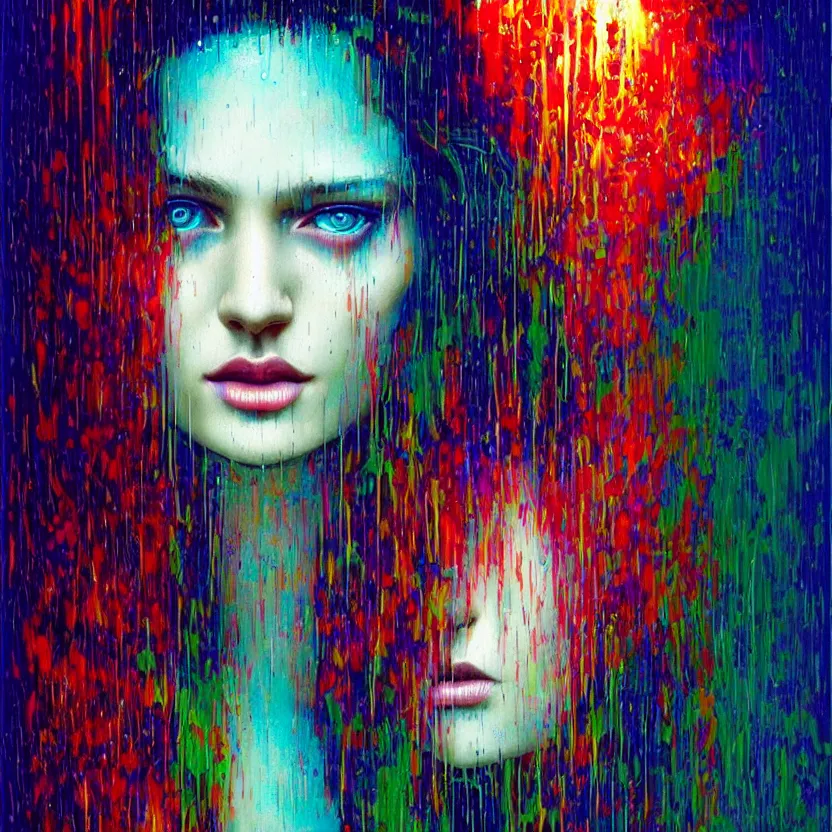 Image similar to bright asthetic portrait of LSD in rain with wet hair and face, liquid, fantasy, intricate, elegant, dramatic lighting, highly detailed, lifelike, photorealistic, digital painting, artstation, illustration, concept art, smooth, sharp focus, art by John Collier and Albert Aublet and Krenz Cushart and Artem Demura and Alphonse Mucha