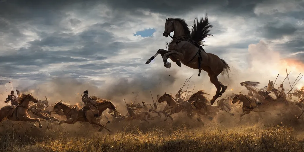 Image similar to an establishing action shot of the ( battle of little bighorn ), majestic horses, desperate action scene, dramatic lighting, cinematic, extremely high detail, photorealistic, cinematic lighting, trending on artstation cgsociety rendered in unreal engine 4 k hq