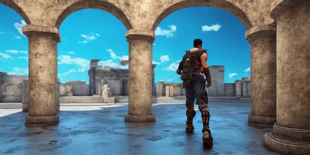 Prompt: a rugged warrior walking through a lonely hall with sleek roman architecture and windows that show a vibrant blue sky and clouds, 3 d video game, octane render, depth of field, unreal engine 5, full of color, trending on artstation, ultra high detail, ultra realistic, cinematic lighting, focused, 8 k