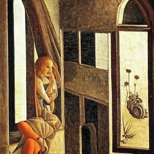 Prompt: sill life with a cat with a medieval house interior, Botticelli style