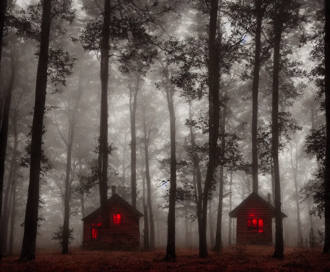 Prompt: a creepy cabin in the middle of a foggy haunted forest, nightmare, horror, haunting, soft tones, red sky, ominous lighting, dark, stormy