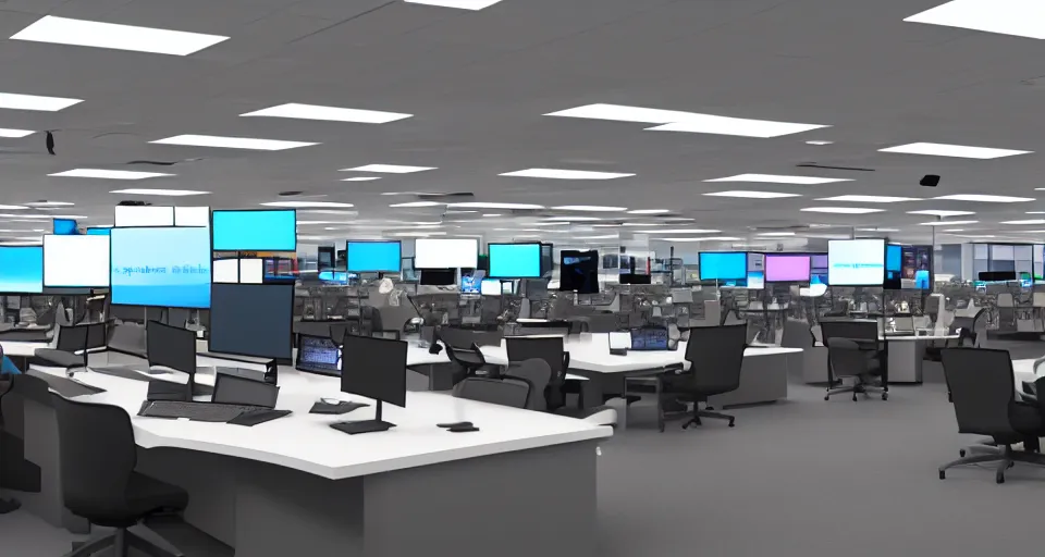 Prompt: modern nbc newsroom, two stories, hd monitors octane render, unreal engine 5, epic game graphics, ray tracing