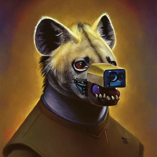 Image similar to a portrait of a hyena hyenaman canine star trek in a starfleet uniform chief engineer. cinematic zootopia fursona furaffinity furry art detailed face painting by gaston bussiere craig mullins jc leyendecker gustav klimt artgerm greg rutkowski furry