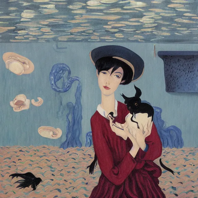 Image similar to tall female emo artist holding a pig in her flooded bathroom, mushrooms, octopus, water gushing from ceiling, painting of flood waters inside an artist's bathroom, a river flooding indoors, pomegranates, pigs, ikebana, zen, river, rapids, waterfall, black swans, canoe, berries, acrylic on canvas, surrealist, by magritte and monet