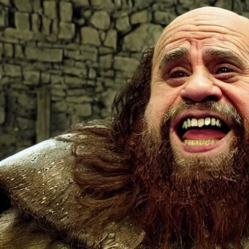 Prompt: movie still of danny devito starring as gimli in the 2 0 2 6 lord of the rings movie, full body, hyper realistic, high quality