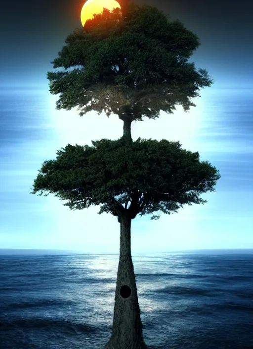 Prompt: a tree from which eyes hang instead of fruits, the tree is on top of a calm sea, in the background there is an eclipse that coincides with the tree. fantasy art, horror, nightmare, photo realistic, dynamic lighting, artstation, poster, volumetric lighting, very detailed faces, 4 k, award winning