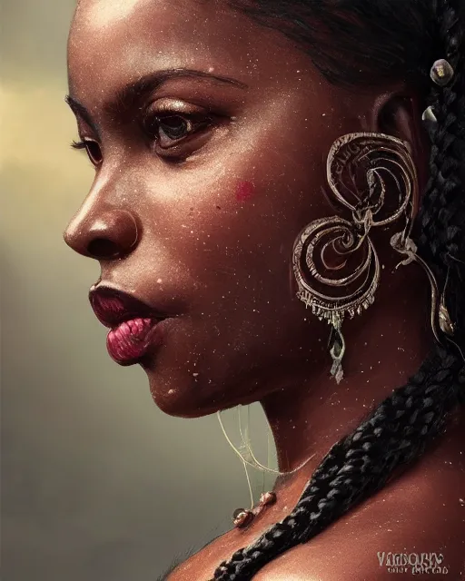 Prompt: fancy side portrait concept art of a gorgeous dark skinned goddess with decorated braided hair and crystals on her cheeks and forehead, by Greg Rutkowski, beeple, Sung Choi, Mitchell Mohrhauser, Maciej Kuciara, Johnson Ting, Maxim Verehin, Peter Konig, identical eyes, gazing eyes, stunning, gorgeous, beautiful eyes medium shot, fantasy, featured on artstation, cinematic lighting, hyperdetailed, cgsociety, 8k, golden ratio, dark atmosphere, dramatic, alluring