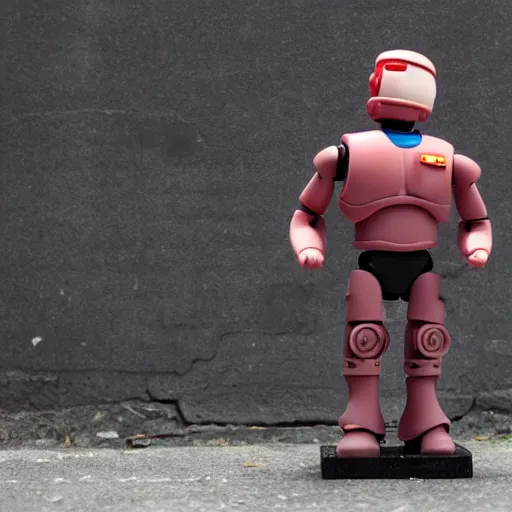 Prompt: Plasticine Robocop standing in an alley