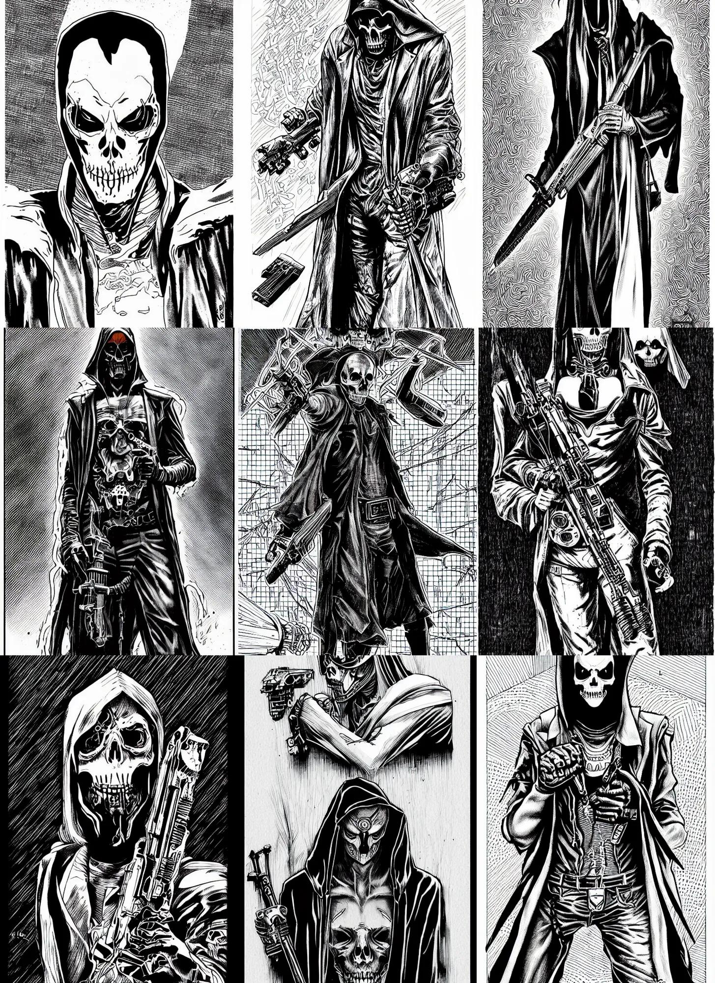 Prompt: grim reaper, portrait, cyberpunk 2 0 2 0 manual, by steampoweredmikej, by tim bradstreet, inktober, ink drawing, black and white, coloring pages, manga, highly detailed