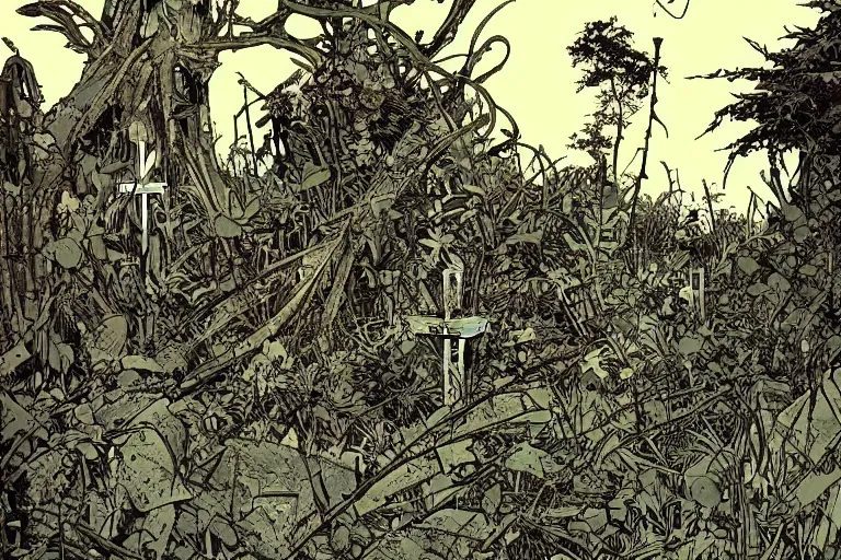 Image similar to abandoned overgrown graveyard, large crosses, spiny thorned giant plants, very coherent, intricate design, painting by Laurie Greasley, part by Yoji Shinkawa, part by Norman Rockwell