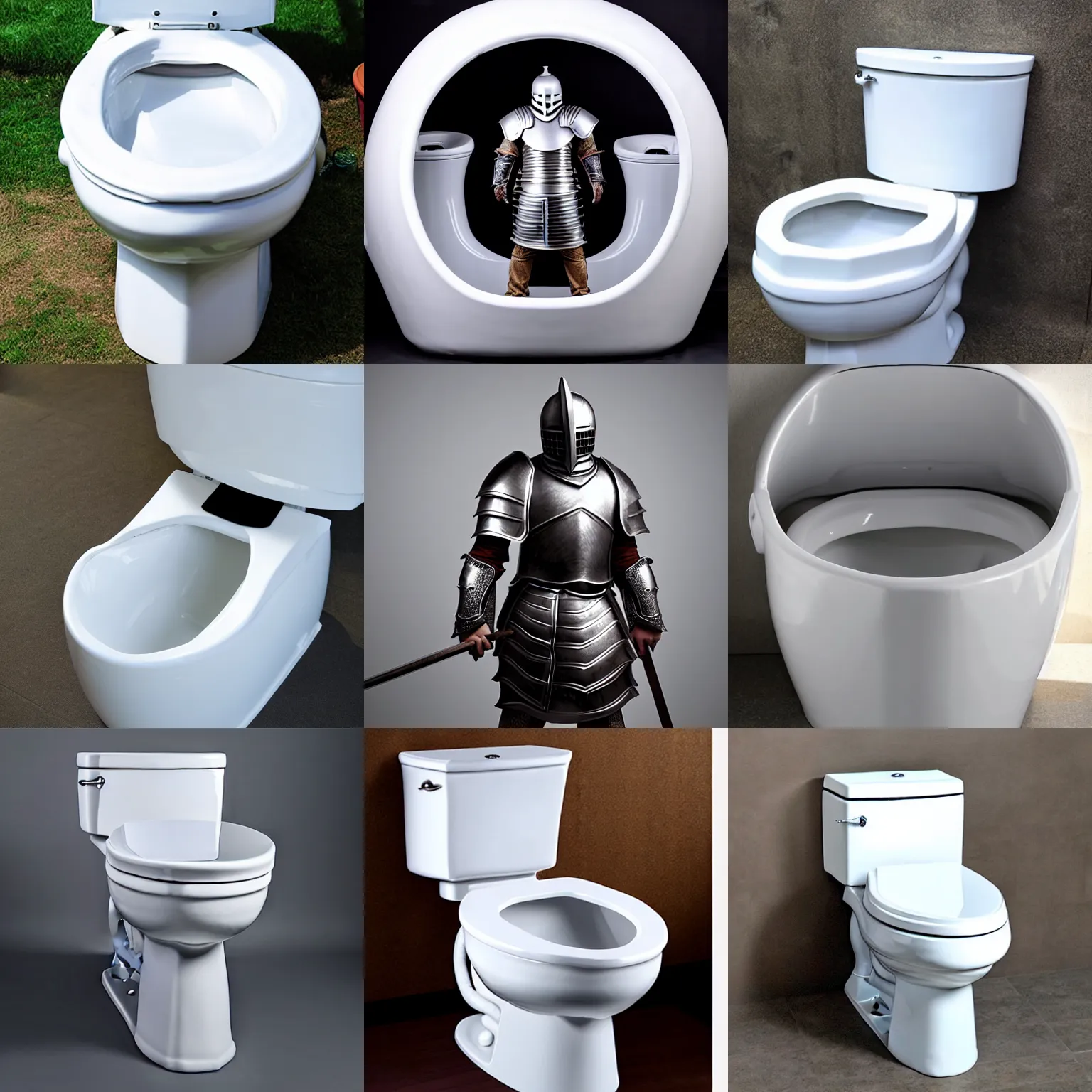 Prompt: oversized giant oversized toilet bowl knight wearing white porcelain toilet bowl armor