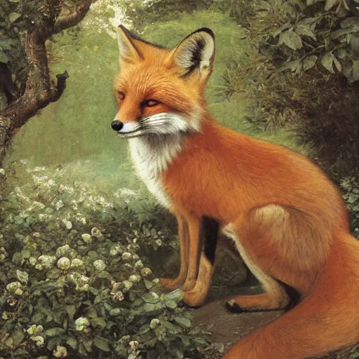 Prompt: a portrait of a Red Fox in a white magnolia forest in the style Alexandre Cabanel