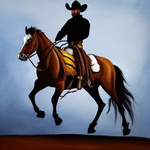 Image similar to a painting of a cowboy riding a horse into the dark horizon, high contrast, black and blue color scheme, dark, creepy, night, far away