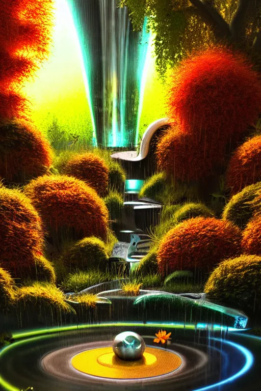 Image similar to futuristic garden glowing in autumn, marble fountains, small waterfalls, ecosystem, electronic bumblebees, 1 9 8 0 s science fiction, 1 9 7 0 s science fiction, alien 1 9 7 9, cyberpunk, 3 d oil painting, depth perception, 4 k, artstation