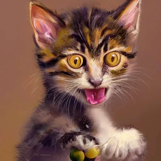 Prompt: Kitten eating grapes, dramatic scene, masterpiece digital painting by Greg Rutkowski, Alex Grey, artstation, 4k wallpaper