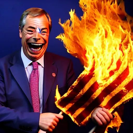 Image similar to nigel farage laughing holding burning eu flag, studio photograph, hd, studio