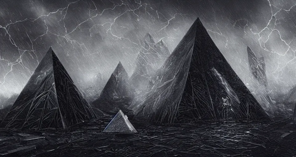 Prompt: black lovecraftian eldritch!! obsidian covered in etching pyramid!! on a black desert, being found by explorers, snowy, windy, by eugene von guerard, ivan shishkin, night, lightning!!, storm!, dramatic lighting, concept art, trending on artstation, 8 k