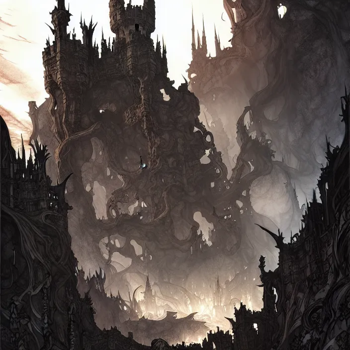 Image similar to style artgerm, joshua middleton, arthur rackham, twisted castle in hell, very long wirey spires, fire swirling, detailed, cave setting, volumetric lighting