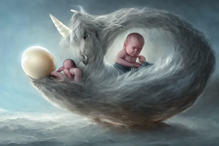 Image similar to a baby unicorn hatching out of a egg, matte painting, concept art, digital art, trending on artstation, 4 k, extremely detailed, realistic, fantasy art,