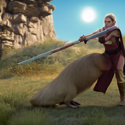 Image similar to female jedi riding a giant capybara into battle unreal 5, hyperrealistic, realistic, photorealistic, dynamic lighting